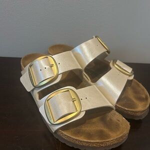 Birkenstock Metallic Pearl Sandals with Gold Buckle Straps